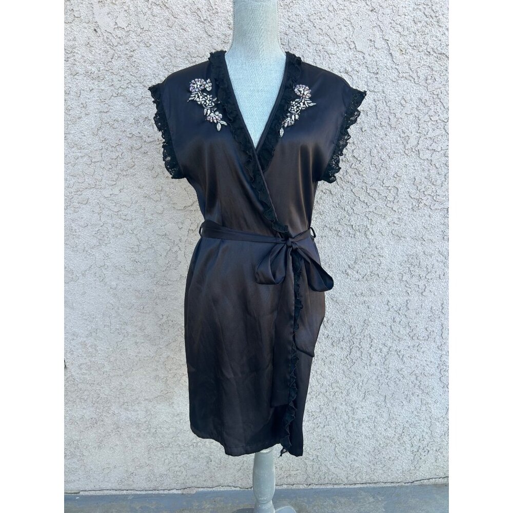 Vintage Black Satin Beaded Kimono Lingerie Robe Old Hollywood Glam -‎ S/M